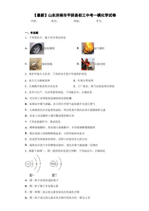 【最新】山东济南市平阴县初三中考一模化学试卷(答案解析)