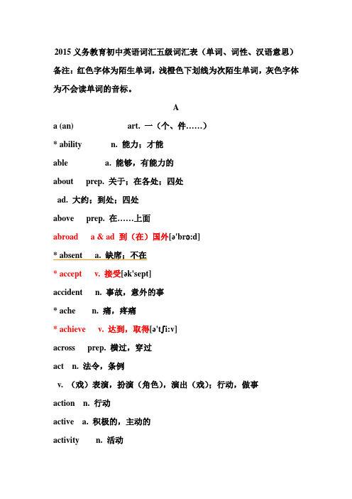 2015初中英语五级词汇表(单词、词性、汉语意思)