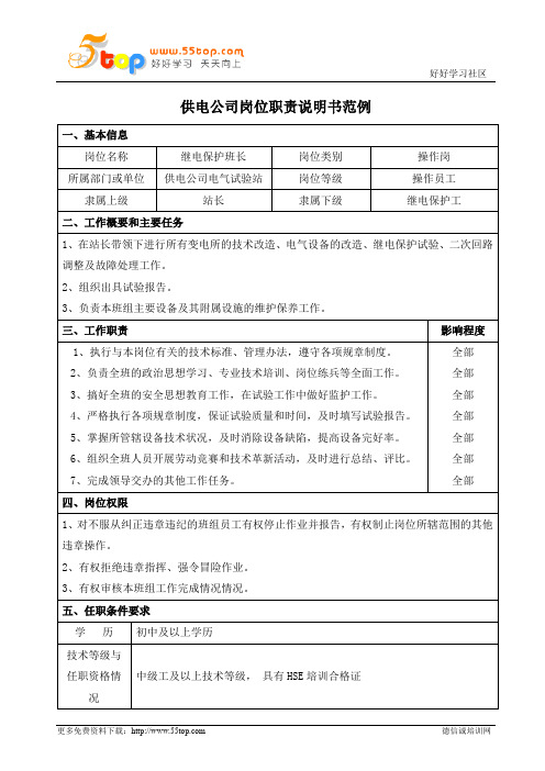 继电保护班长岗位职责说明书