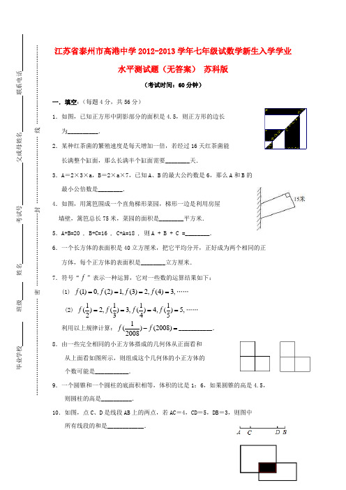 江苏省泰州市高港中学七年级试数学新生入学学业水平测