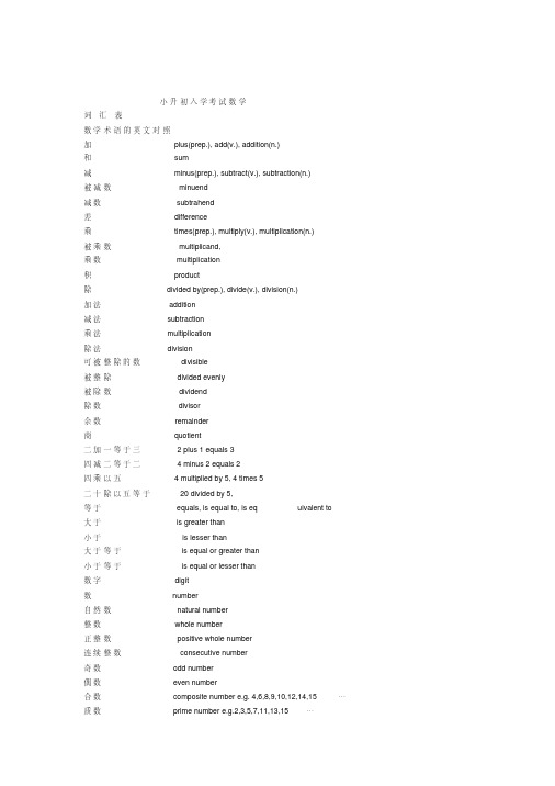 南外小升初入学考试数学词汇一览表