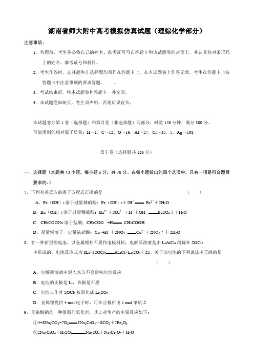 湖南省师大附中高考模拟仿真试题(理综化学部分).doc