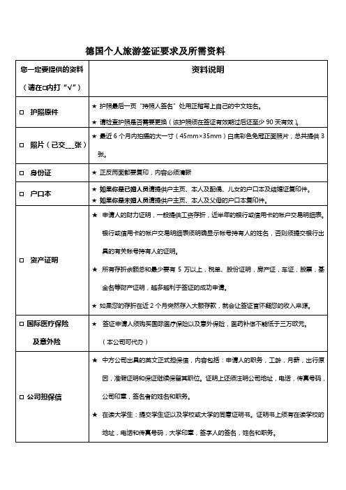 德国个人旅游签证要求及所需资料