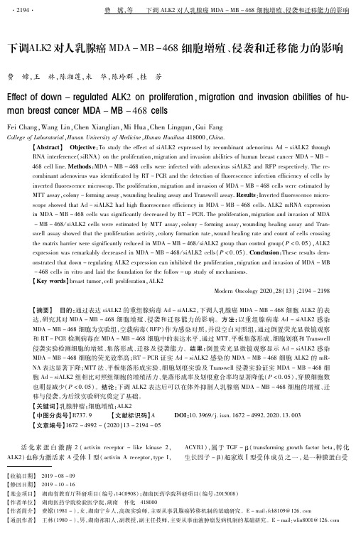 下调ALK2对人乳腺癌MDA-MB-468细胞增殖、侵袭和迁移能力的影响