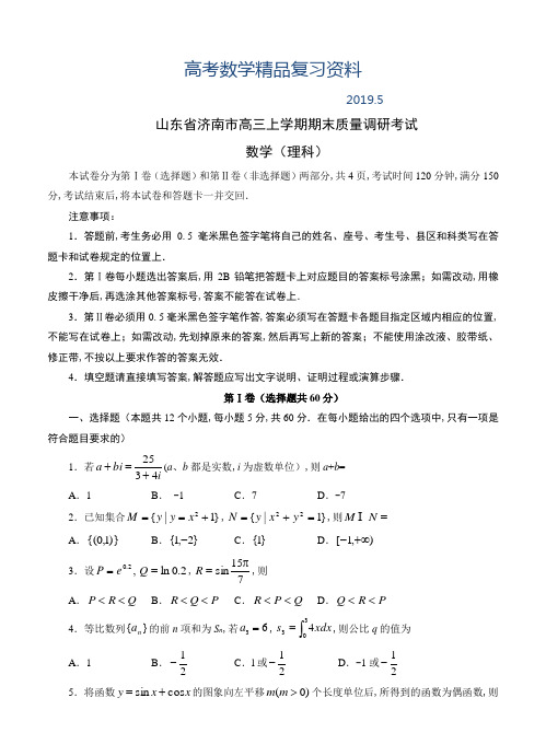 2019年山东省济南市高三上学期期末考试数学(理)试题(含答案)