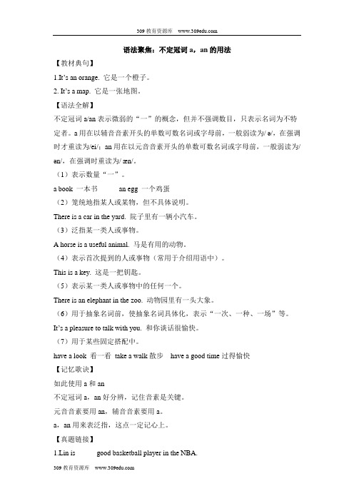人教版英语七年级上册Starter Unit2语法聚焦：不定冠词a,an的用法