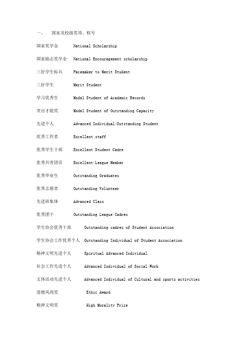 各种奖学金职位称号中英文对照