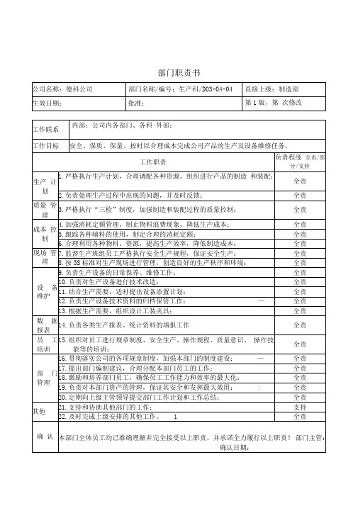制造部及各岗位职位说明书-部门职责-生产科