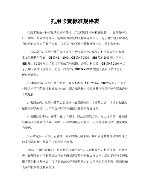孔用卡簧标准规格表