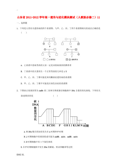 山东省2011-2012学年高中生物遗传与进化模块测试11 新人教版必修2