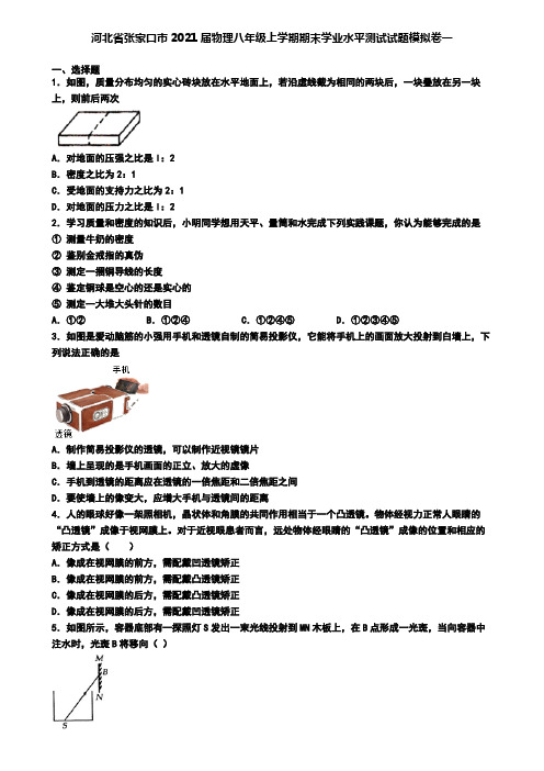 河北省张家口市2021届物理八年级上学期期末学业水平测试试题模拟卷一