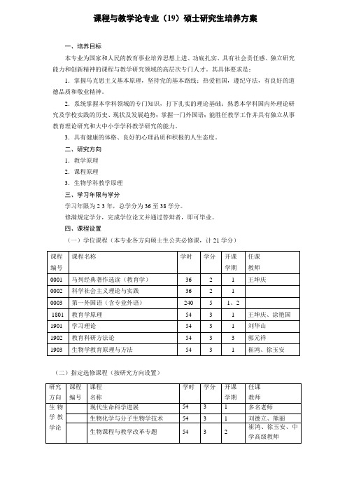 课程与教学论专业(19)硕士研究生培养方案