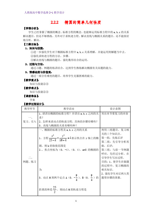 高中数学选修2-1精品教案2：2.2.2 椭圆的简单几何性质教学设计