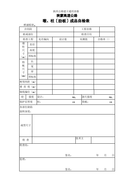 墩、柱(肋板)成品检查表