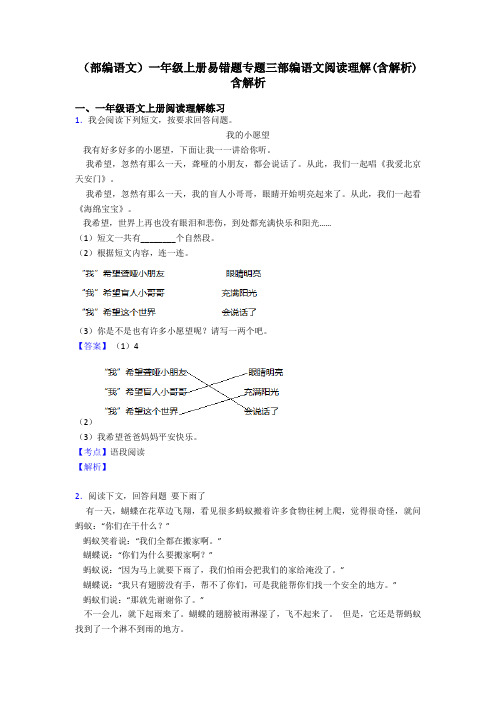 一年级(部编语文)一年级上册易错题专题三部编语文阅读理解(含解析)含解析
