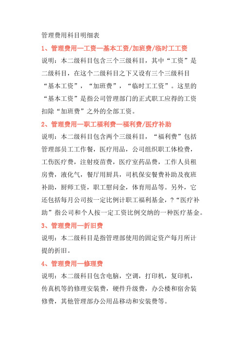 最新管理费用科目明细表