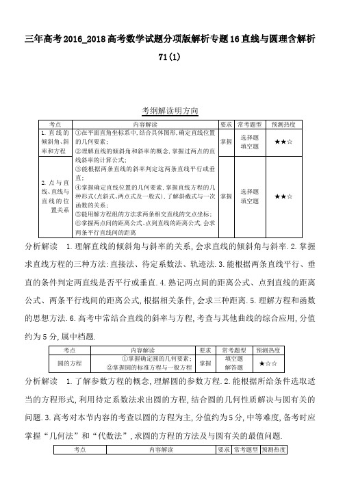 三年高考2016_2018高考数学试题分项版解析专题16直线与圆理含解析71(1)