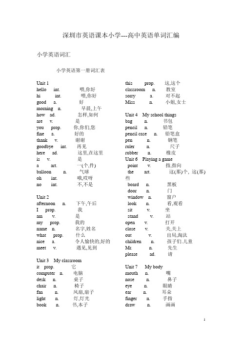 深圳市英语课本小学---高中英语单词汇编