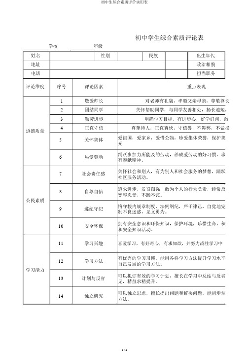 初中生综合素质评价实用表