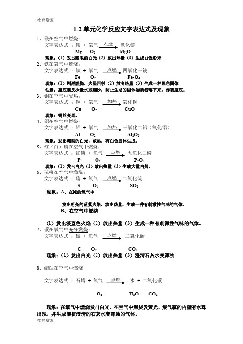 【教育资料】人教版九年级上册12单元化学反应文字表达式及现象学习精品