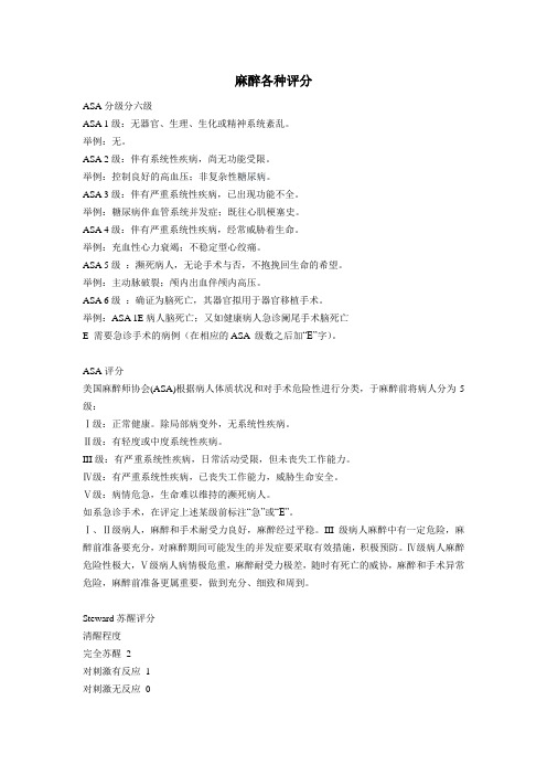 麻醉各种评分