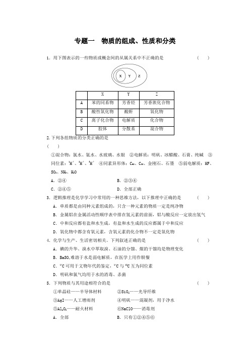 高考化学二轮复习训练：专题(1)-物质的组成、性质和分类(含答案)