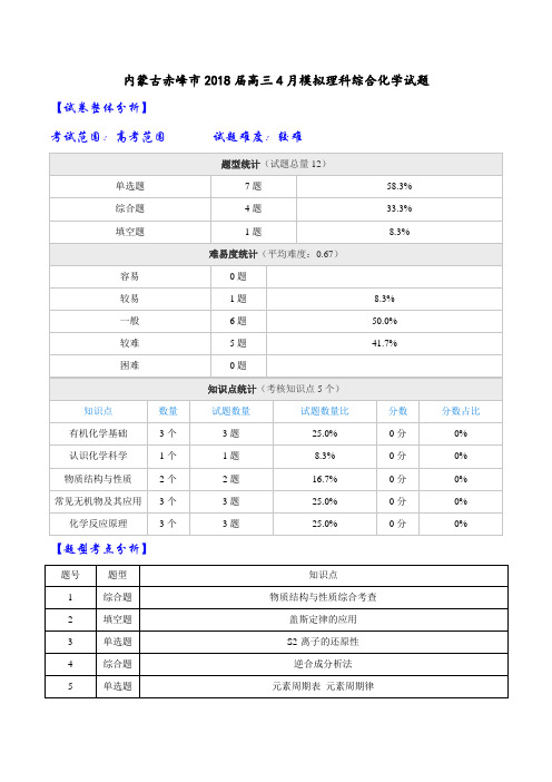 【全国大联考】【内蒙古(新课标Ⅱ)】内蒙古赤峰市2018届高三4月模拟理科综合化学试题(解析版)