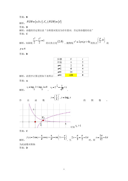 2015 朝阳高三一模 数学 文 答案