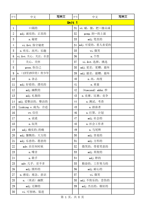 八年级上册英语单词默写表-中译英(译林牛津版)
