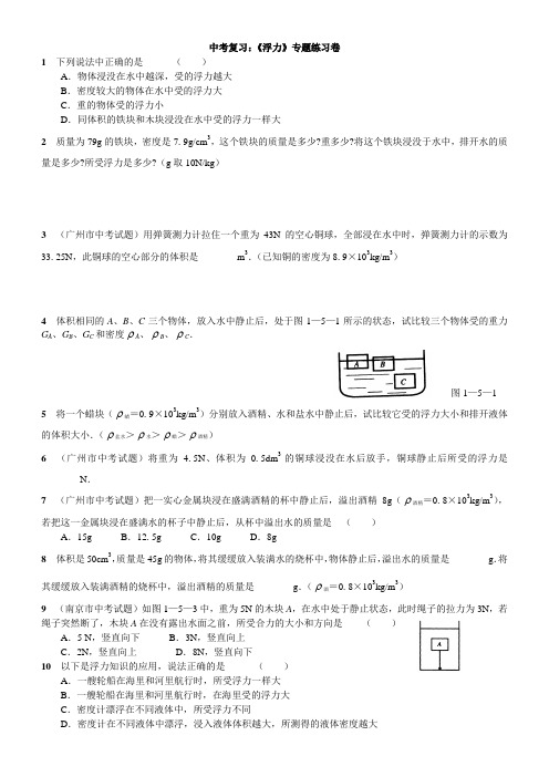 2014年中考物理浮力专题练习卷(学生)