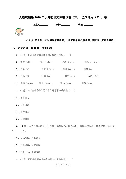 人教统编版2020年小升初语文冲刺试卷(三) 全国通用(II )卷