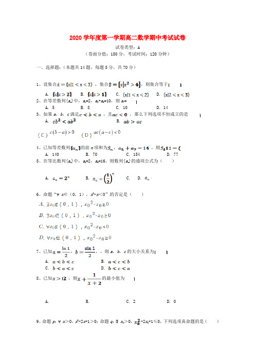 内蒙古呼和浩特市回民中学2020学年高二数学上学期期中试题(A卷)