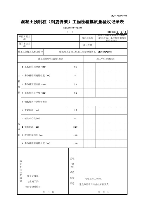 混凝土预制桩(钢筋骨架)工程检验批质量验收记录表