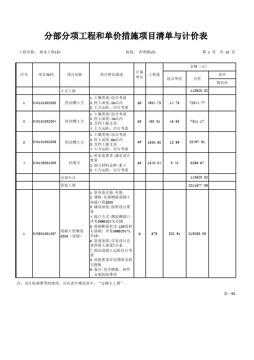 雨水工程1标单价分析(水利工程)