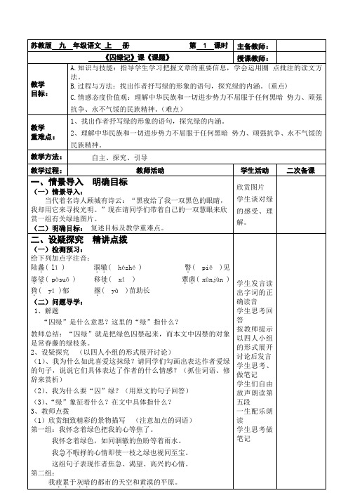 囚绿记教案(公开课优秀教案)