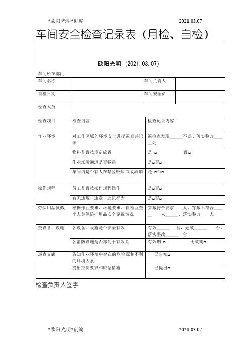 2021年车间安全检查记录表