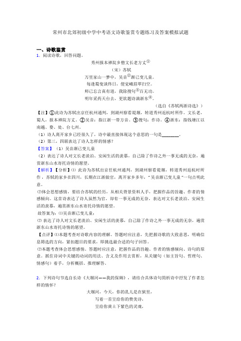 常州市北郊初级中学中考语文诗歌鉴赏专题练习及答案模拟试题