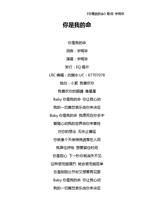 《你是我的命》歌词 宇桐非
