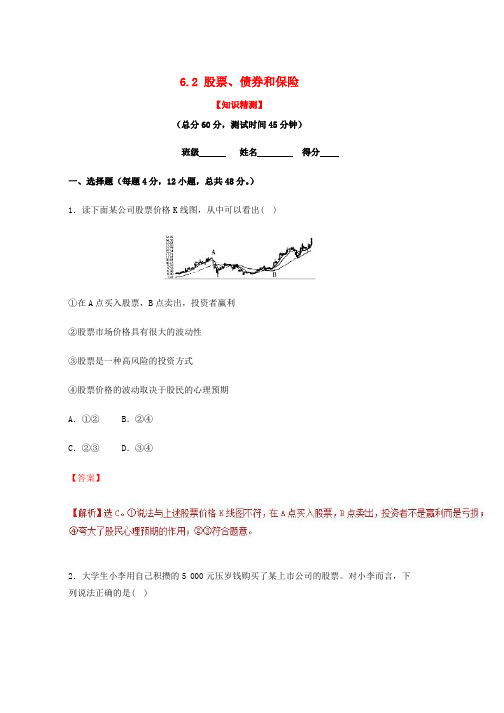人教版2018_2019学年高中政治专题6.2股票债券和保险测基础版必修1