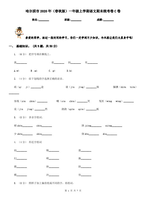 哈尔滨市2020年(春秋版)一年级上学期语文期末统考卷C卷