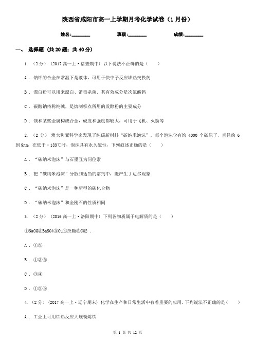陕西省咸阳市高一上学期月考化学试卷(1月份)