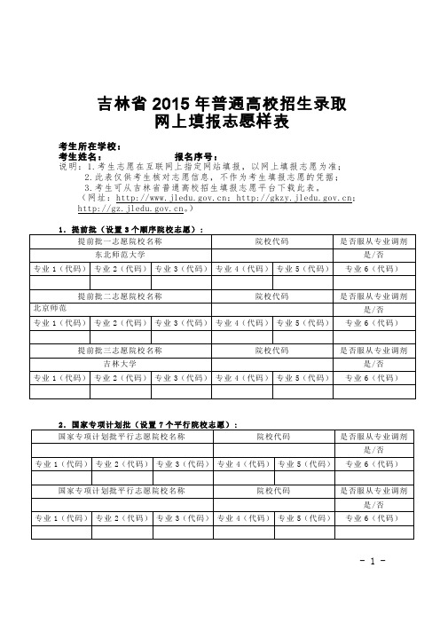 吉林省2015年普通高校招生录取网上填报志愿样表