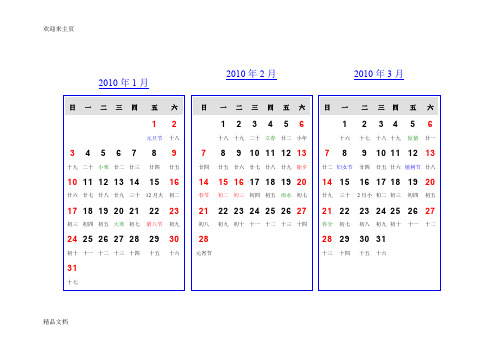 (2020年编辑)2010年日历