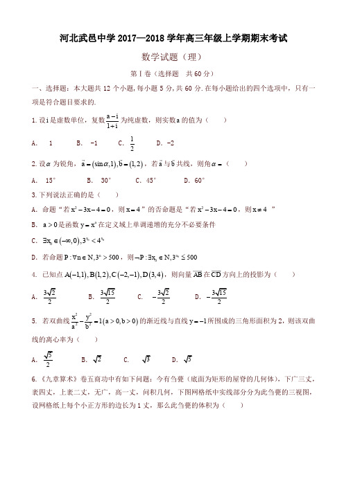 [精品]武邑中学2018届高三上学期期末考试数学(理)试题有答案