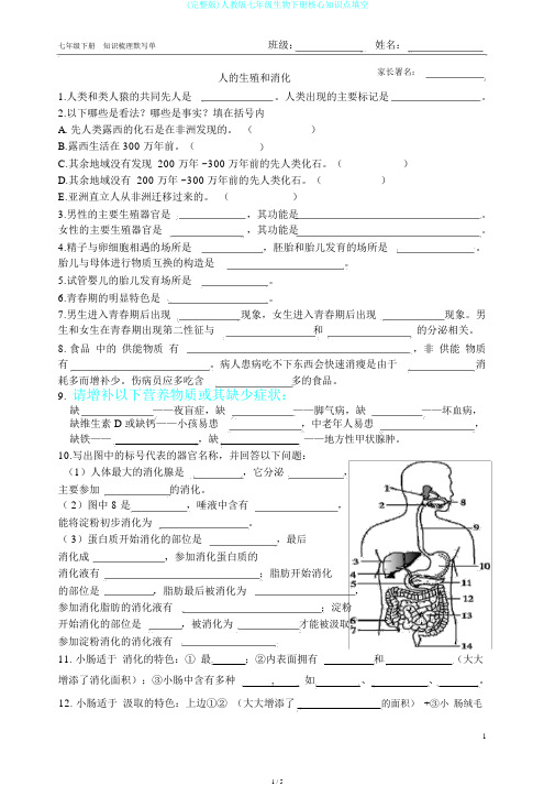 (完整版)人教版七年级生物下册核心知识点填空
