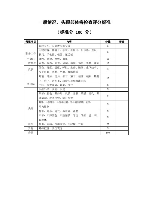 一般情况、头颈部体格检查评分标准