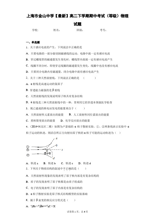 上海市金山中学2020-2021学年高二下学期期中考试(等级)物理试题含答案解析