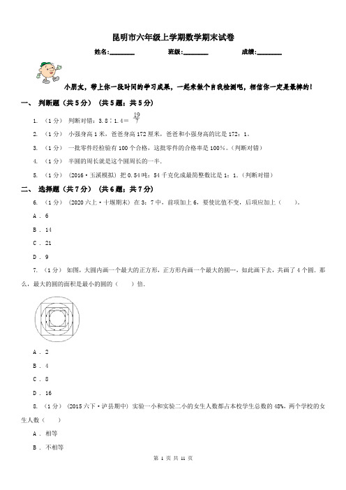 昆明市六年级上学期数学期末试卷新版