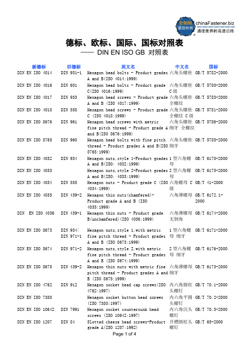 德标、欧标、国际、国标标准件对照表