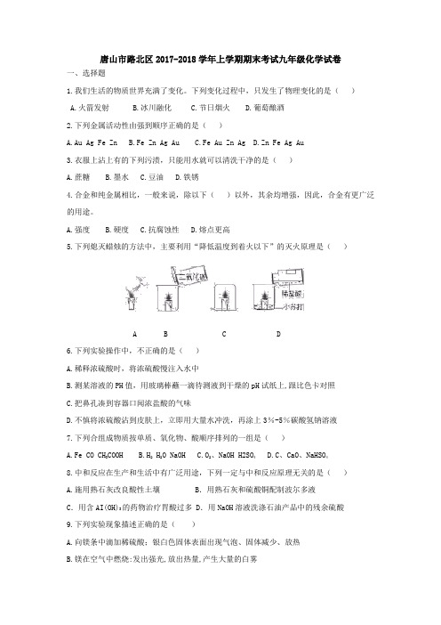 河北省唐山市路北区上学期期末考试九年级化学试卷(含答案)